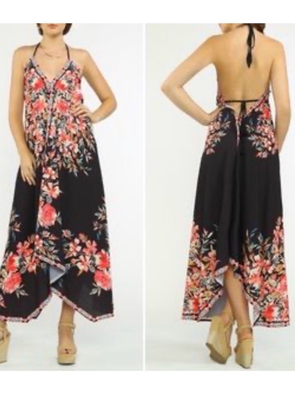 Flying Tomato Black Maxi Dress with Red Floral Print